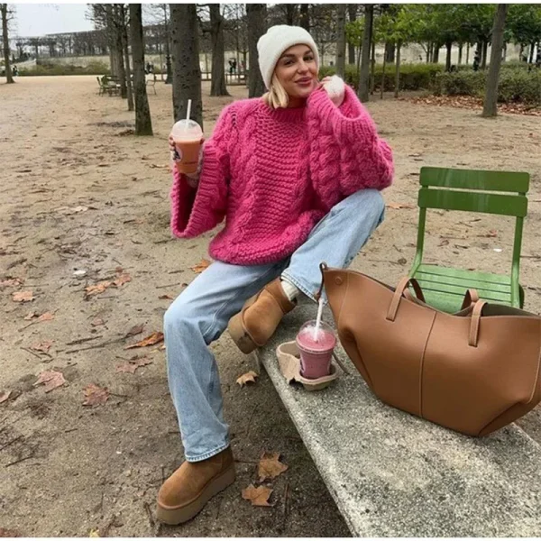 Yaminiya Abbigliamento invernale Donna Dolcevita da donna Manica lunga Maglione rosa Prairie Chic Solid Vintage Maglione Pullover oversize 5