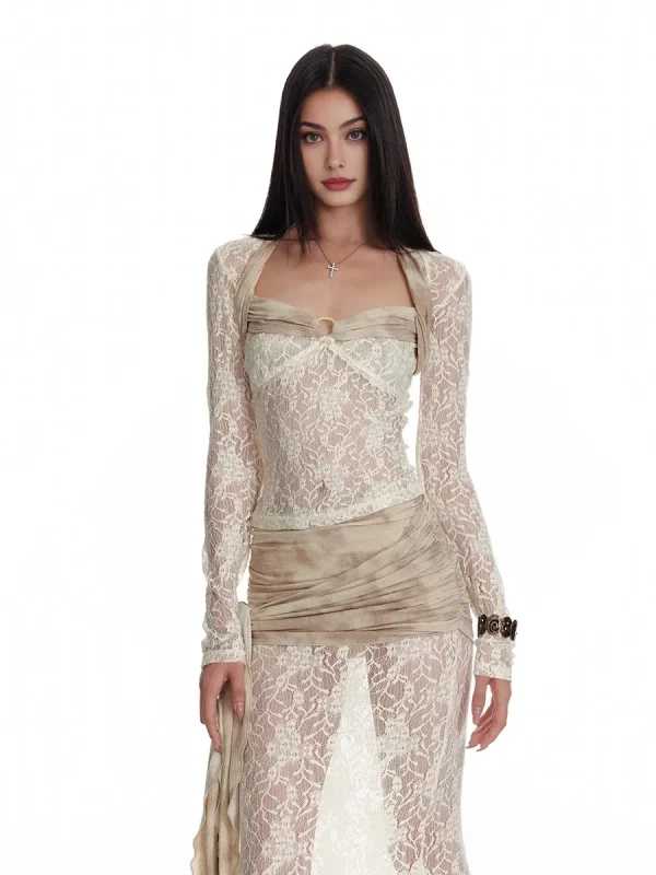 REDDACHiC Donna Coprispalle Top Gonna Set Pizzo floreale Vedere attraverso T-shirt a maniche lunghe Sirena Flowy Maxi Gonna Festival Costumi per feste 3