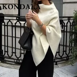 KONDALA Chic Primavera Streetwear Maglione da donna irregolare Moda 2025 Asimmetrico lavorato a maglia Elegante pieghettato Solid Beige Sweatwear 1