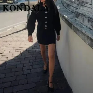 KONDALA 2024 Inverno Solido Nero Vintage Abito in maglia da donna Casual Bottone rosa Manica lunga Elegante Cardigan Mini Guaina Gonna sexy 1