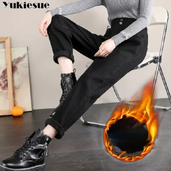 Pantaloni retrò nuovi ispessiti autunno inverno a gamba larga pantaloni Harlan versatili larghi femminili jeans elastici a vita alta femminili 2