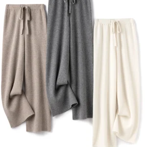 100% lana lavorata a maglia costole pesanti pantaloni larghi a gamba larga lunghezza del pavimento pantaloni All-match lana morbida donna autunno inverno pantaloni Casual #15 1