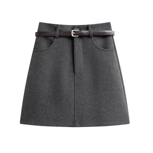 Minigonna a trapezio in lana grigia taglie forti Primavera da donna Nuova gonna corta aderente a vita alta spessa Tasca in puro colore stile coreano 1