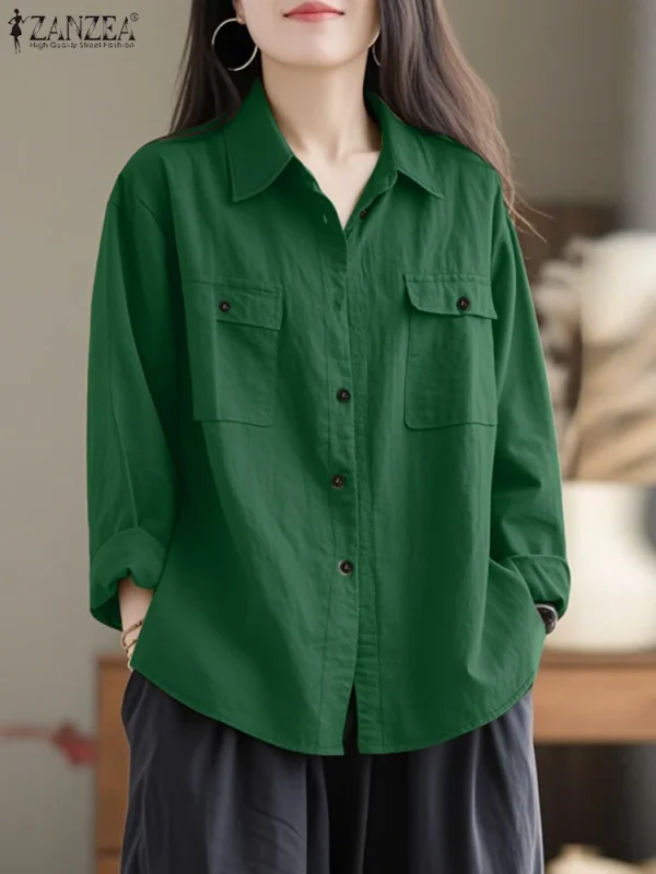 2025 ZANZEA Camicia moda autunno Camicetta da donna Collo con risvolto Top a maniche lunghe Elegante Solido Allentato OL Camicie da lavoro Tunica Blusas Femme 2