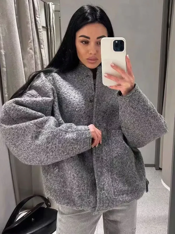 Moda donna con tasche giacca bomber oversize cappotto vintage manica lunga bottone a pressione capispalla femminile top chic 3