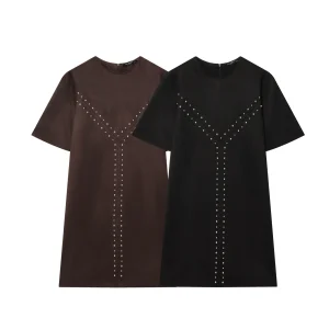 Abito da donna vintage casual chic solido autunno inverno o-collo manica corta rivetto cerniera abiti moda abito da vacanza streetwear 1