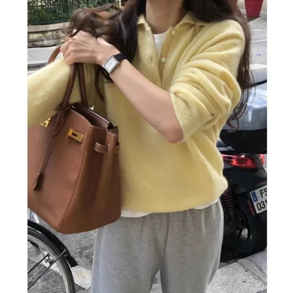 Elegante risvolto POLO con fibbia maglione in puro cashmere 100 versatile maglione autunnale e invernale da donna base lavorata a maglia in lana sciolta 3