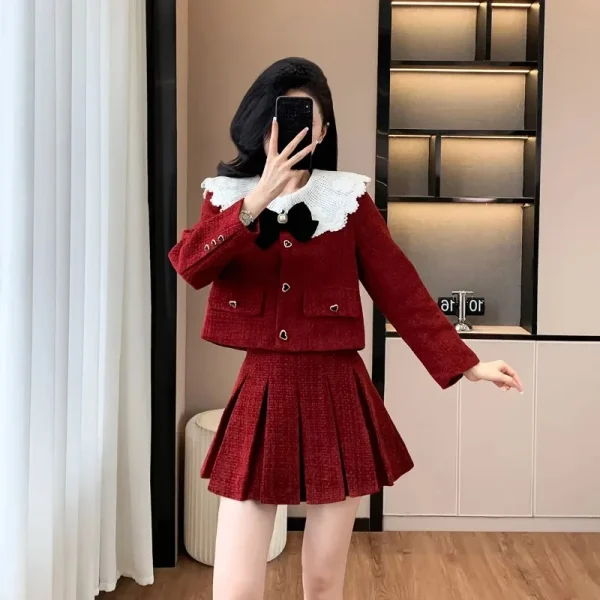 Real Shot Autunno Inverno New Rich Family Heriress Stile classico Colletto per bambola Giacca corta con giunture in pizzo Gonna a pieghe Set da due pezzi 2