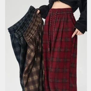 Pantaloni scozzesi di lana di alta qualità per le donne Autunno Inverno Pantaloni casual a gamba larga retrò Pantaloni streetwear in pile hip pop femminile 2025 1