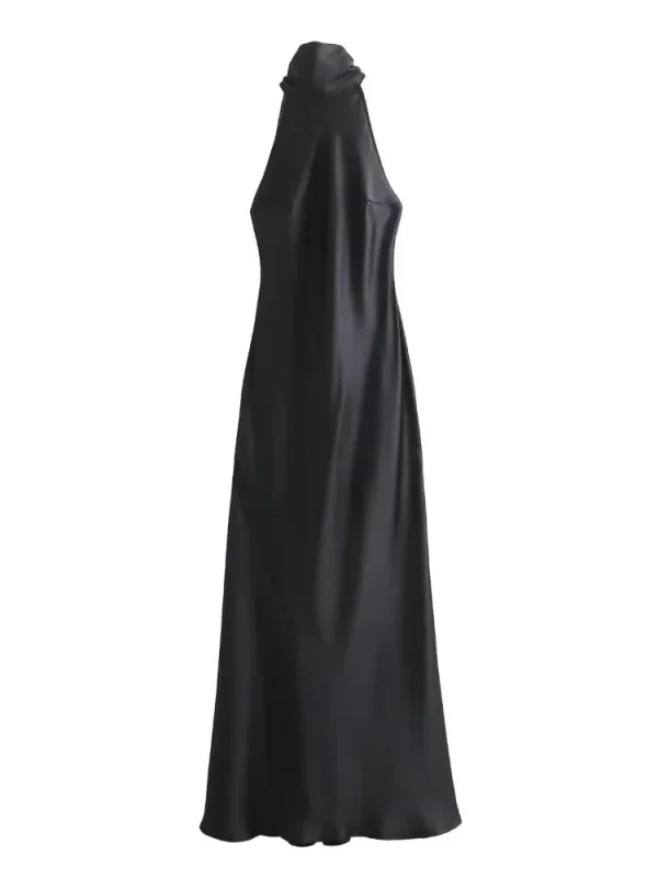 Elegante abito lungo con lacci in raso marrone con scollo all'americana Abiti aderenti senza maniche senza spalline sexy con spalle scoperte Autunno New Lady Party Robe 6