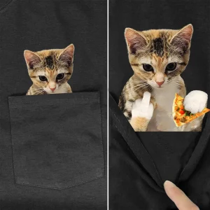 CLOOCL Gatti Divertenti T-shirt Simpatico Gattino Dito Medio Pizza Tasca T-shirt in cotone da uomo per donna Camicie a maniche corte Hip Pop Top 1