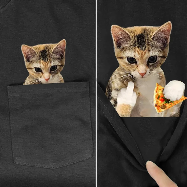 CLOOCL Gatti Divertenti T-shirt Simpatico Gattino Dito Medio Pizza Tasca T-shirt in cotone da uomo per donna Camicie a maniche corte Hip Pop Top 1