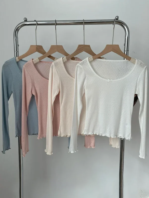 T-shirt a maniche lunghe sottile con occhielli con fiocco Donna Autunno Sexy Scoop Neck Orlo a fungo T-shirt sottile in cotone Solido semplice dolce Tee Y2k Top 4