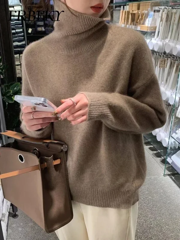 Maglione da donna autunno moda coreana collo alto maglione lavorato a maglia tinta unita maglione lavorato a maglia a maniche lunghe allentato abbigliamento femminile 5