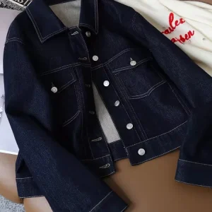 Giacca di jeans da lavoro con collisione di colore vintage linea brillante Giacca da donna primavera e autunno sottile piccola e corta da studente 1