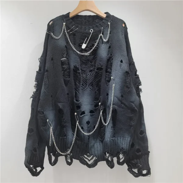 DEAT Pullover lavorato a maglia da donna Tie-dye Fori rotti Catene Spille Allentato Manica lunga O-Collo Maglioni 2025 Nuova moda Autunno 29A2729 5