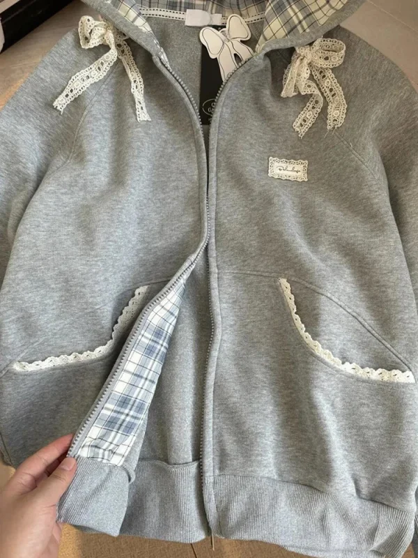Zoki Felpe con cappuccio patchwork in pizzo da donna Felpa a maniche lunghe con fiocco carino Stile preppy giapponese Dolce manica lunga allentata Capispalla femminile grigio 3