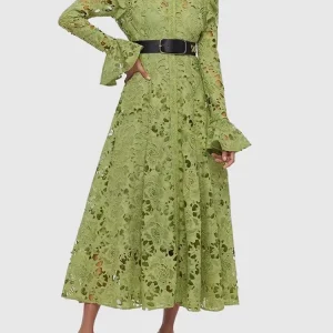 VGH ricamo scava fuori abiti eleganti per le donne colletto alla coreana manica svasata cintura impiombata a vita alta abito Casual solido femminile 1