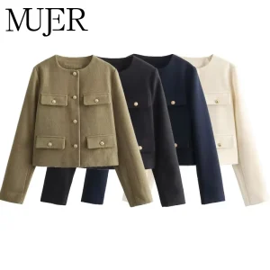 MUJER Giacca corta in tweed Giacca vintage da donna a maniche lunghe Giacca da donna con bottoni alla moda Giacche eleganti da donna Novità in cappotti corti 1