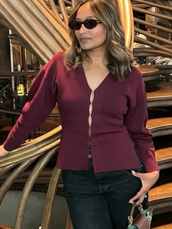 HH Cappotti eleganti lavorati a maglia da donna Moda Cardigan sottile con scollo a V rosso bordeaux Autunno Office Lady Chic Solid Capispalla a maniche lunghe 3