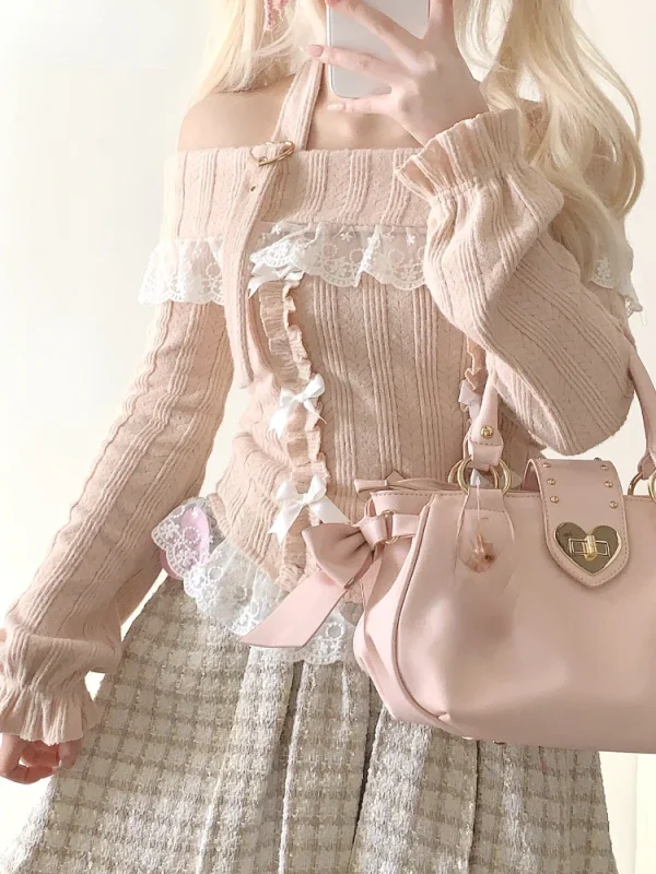 Lolita Maglione con spalle scoperte Donna 2025 Kawaii Patchwork di pizzo Y2k Estetico giapponese Bottoming Crop Top Pullover Maglieria 2