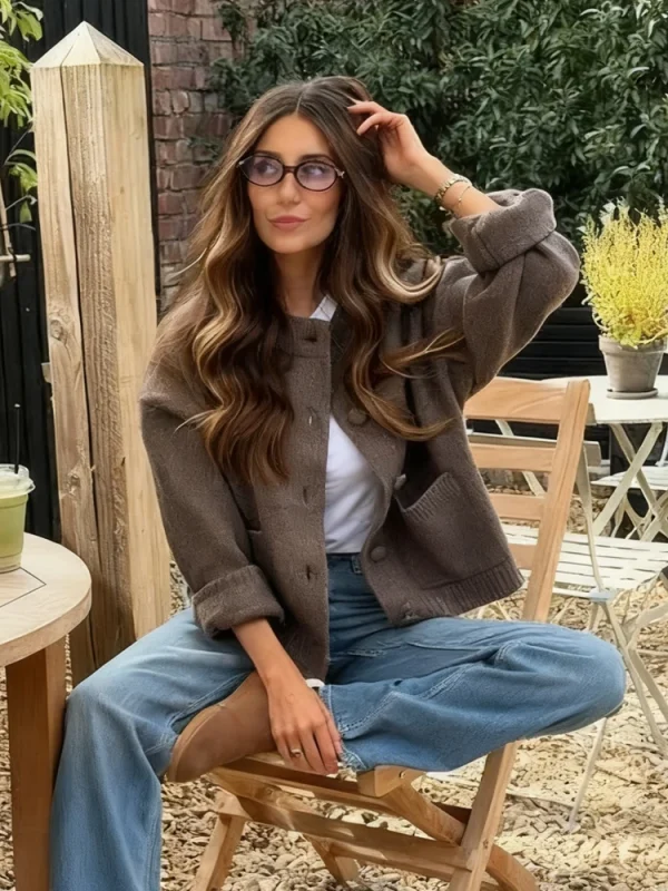 Maglione a maniche lunghe girocollo moda per donna Cappotti con tasche lavorate a maglia monopetto chic 2025 Maglieria solida autunno inverno 2