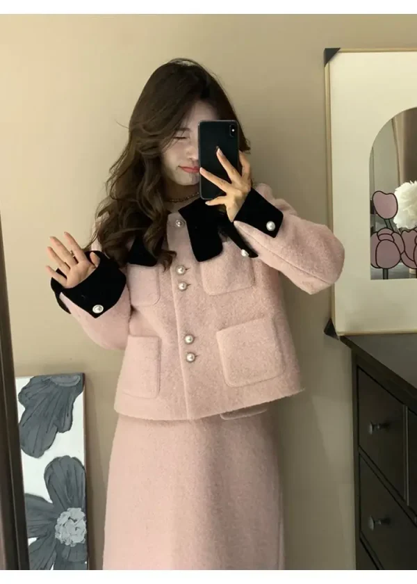 Plus Size Socialite elegante giacca da donna autunno e inverno Chubby Girl High Sense Coat Top gonna corta/lunga Set a due pezzi 3