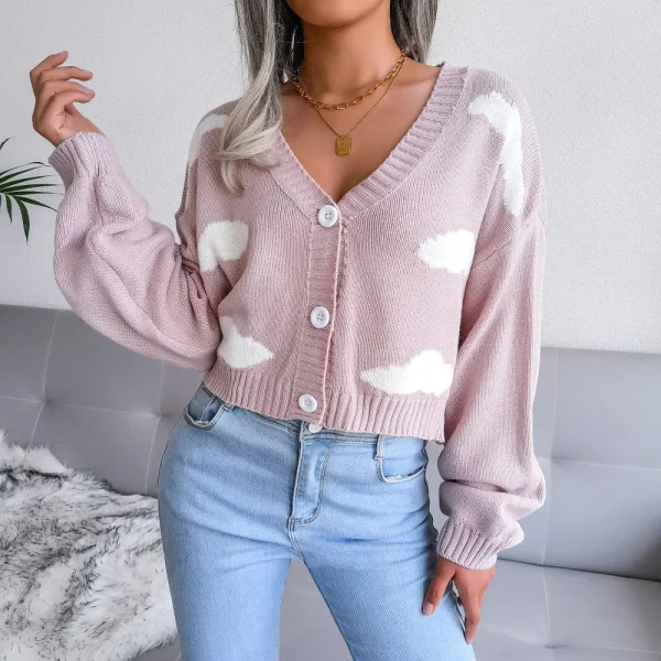 Maglione lavorato a maglia autunno inverno nuvola bianca donna scollo a V manica lunga colori contrastanti cardigan moda abbigliamento casual 4