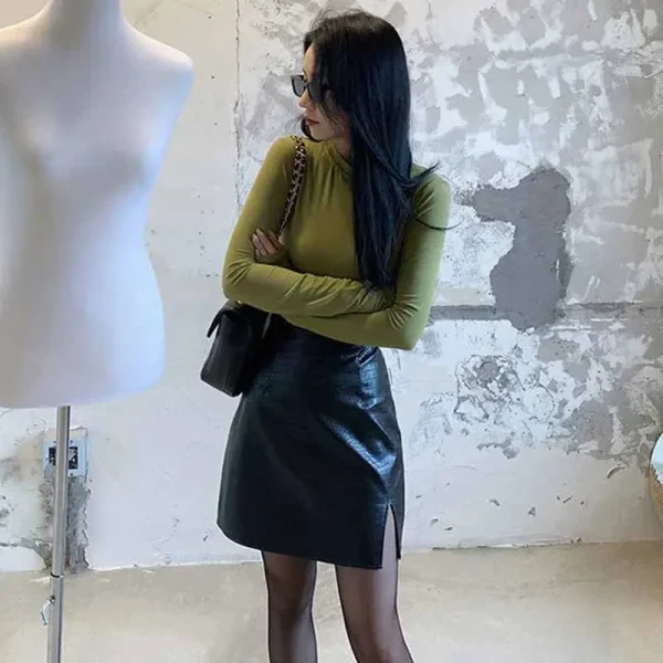 Gonne in pelle nera con spacco laterale sexy Gonna a tubino da donna da ufficio slim fit moda coreana femminile Gonna aderente in PU alla moda di High Street 6