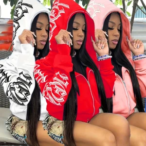 Felpe con cappuccio con zip a maniche lunghe con stampa di lettere, felpa punk gotica Cyber Y2K, abbigliamento da donna 1