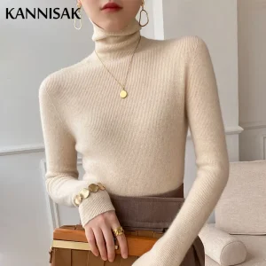 Maglione da donna Slim Fit Autunno Inverno Dolcevita Pullover in maglia Maglioni solidi di base 2025 Camicie con fondo elasticizzato primaverile Maglieria 1