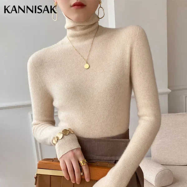 Maglione da donna Slim Fit Autunno Inverno Dolcevita Pullover in maglia Maglioni solidi di base 2025 Camicie con fondo elasticizzato primaverile Maglieria 1
