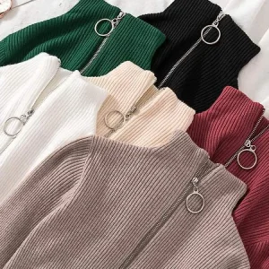 Maglioni lavorati a maglia solidi moda donna Maglione vintage a maniche lunghe con zip basic a mezzo collo alto Pullover femminili Top casual chic 1
