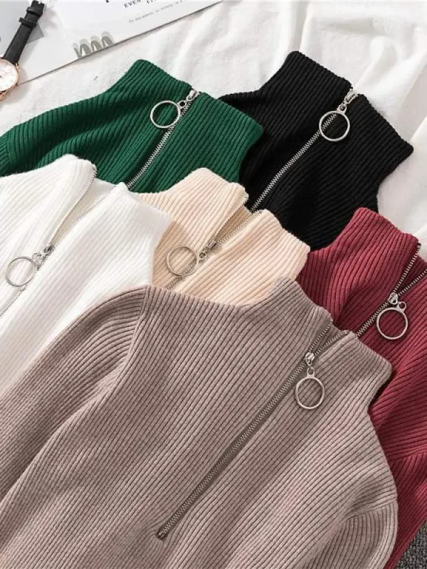 Maglioni lavorati a maglia solidi moda donna Maglione vintage a maniche lunghe con zip basic a mezzo collo alto Pullover femminili Top casual chic 1