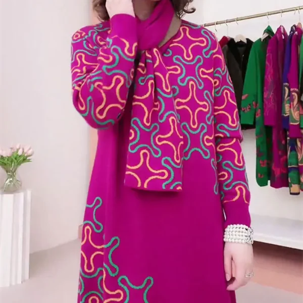 Abito longuette stampato allentato casual Abbigliamento femminile Girocollo Autunno Inverno Sciarpa elegante A-Line Vita Pendolarismo Abiti a maniche lunghe 3