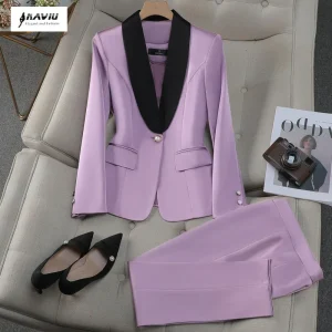 NAVIU Abbigliamento da lavoro da lavoro Set da 2 pezzi Viola Rosso Giallo Albicocca Giacca a maniche lunghe e pantaloni da donna Pantalone da lavoro formale 1