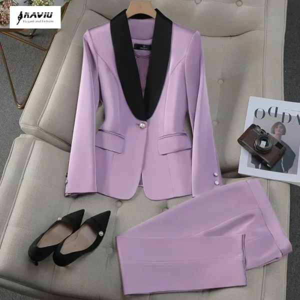 NAVIU Abbigliamento da lavoro da lavoro Set da 2 pezzi Viola Rosso Giallo Albicocca Giacca a maniche lunghe e pantaloni da donna Pantalone da lavoro formale 1