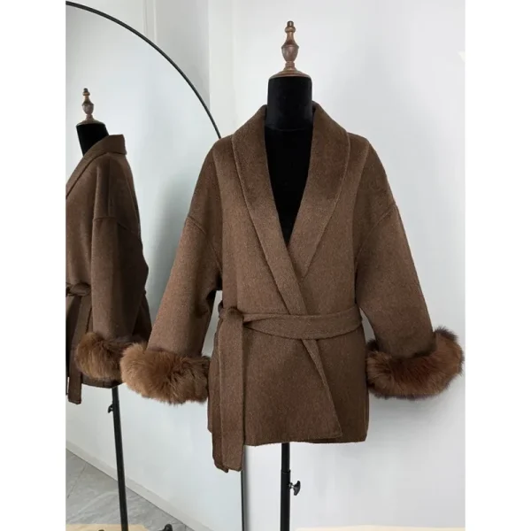 2025 Autunno Chic Risvolto Cappotto di Peluche Con Cintura Donna Vintage Manica In Pelliccia Sintetica Tweed Cappotti Aperti Femminile Inverno Casual Strada Outwear 5