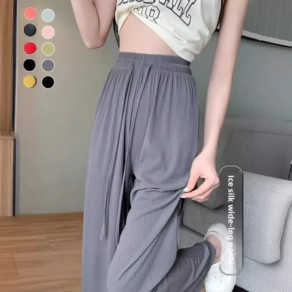Pantaloni a gamba larga in seta grigia ghiaccio da donna estivi sottili e freschi a vita alta drappeggiati pantaloni larghi dritti casual a prova di zanzara con protezione solare 1