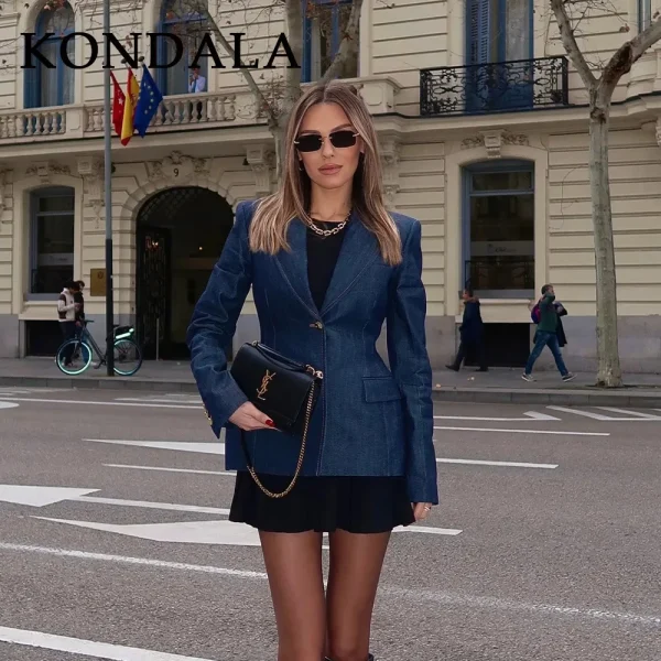 KONDALA 2025 Autunno Inverno Streetwear Denim Donna Blazer Moda Office Lady Solid monopetto Coprispalle Eleganti ragazze Giacche 5
