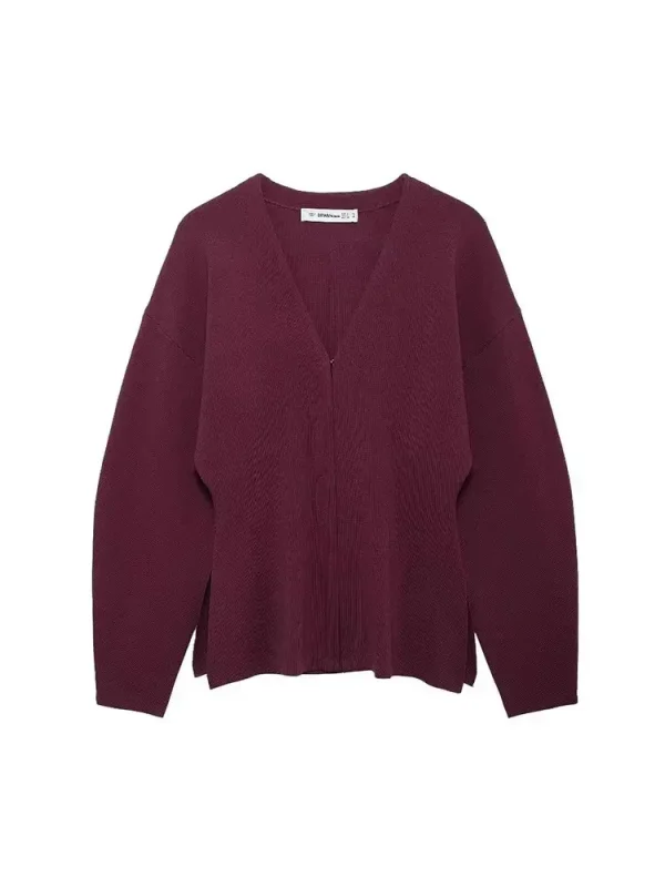 HH Cappotti eleganti lavorati a maglia da donna Moda Cardigan sottile con scollo a V rosso bordeaux Autunno Office Lady Chic Solid Capispalla a maniche lunghe 2