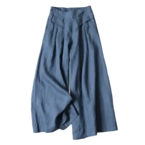 Vendita calda donna lino gamba larga pantaloni corti gonna ampia fascia elastica sottile vita dimagrante pantaloni estivi al polpaccio oversize 1