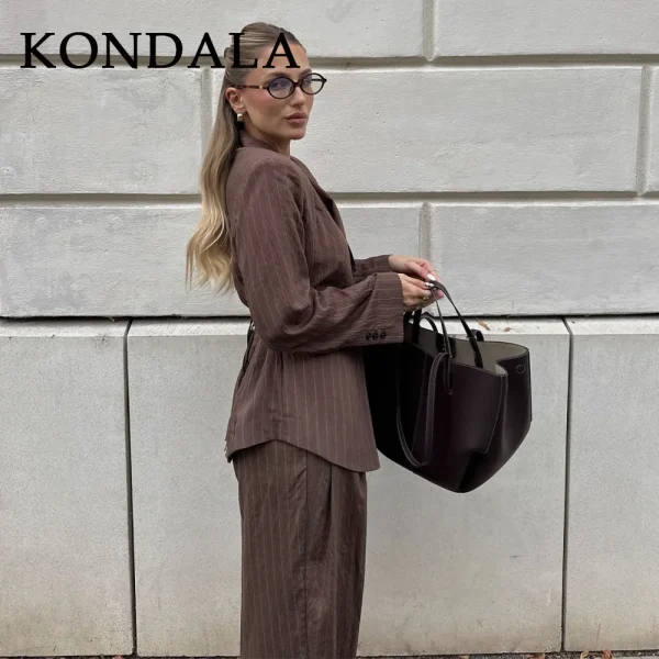 KONDALA 2025 Autunno Inverno A righe Office Lady Abiti Moda Elegante Marrone Telai Allentati monopetto Blazer Chic Pantaloni a gamba larga 5