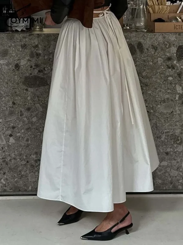 Oymimi Moda Gonna da donna in cotone bianco Elegante gonna a pieghe con lacci allentata Casual Nuove gonne a metà polpaccio solide Abbigliamento femminile 4