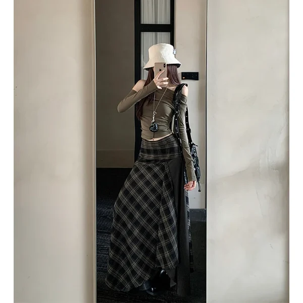 MEXZT Y2K Gonna longuette scozzese Donna Harajuku Vintage Asimmetrico Gonne divise Autunno Inverno Grunge Coreano Patchwork Design Faldas 4