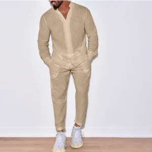 Tuta da uomo a maniche lunghe con risvolto in cardigan di cotone tinta unita di nuova moda autunno da uomo 1