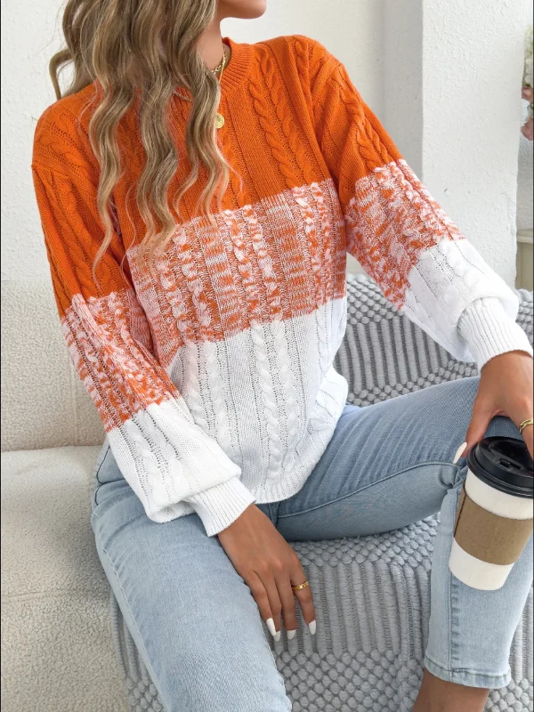 Maglione da donna casual a righe a blocchi di colore girocollo lanterna manica lunga twist top in maglia per abiti da donna autunno inverno 2025 4