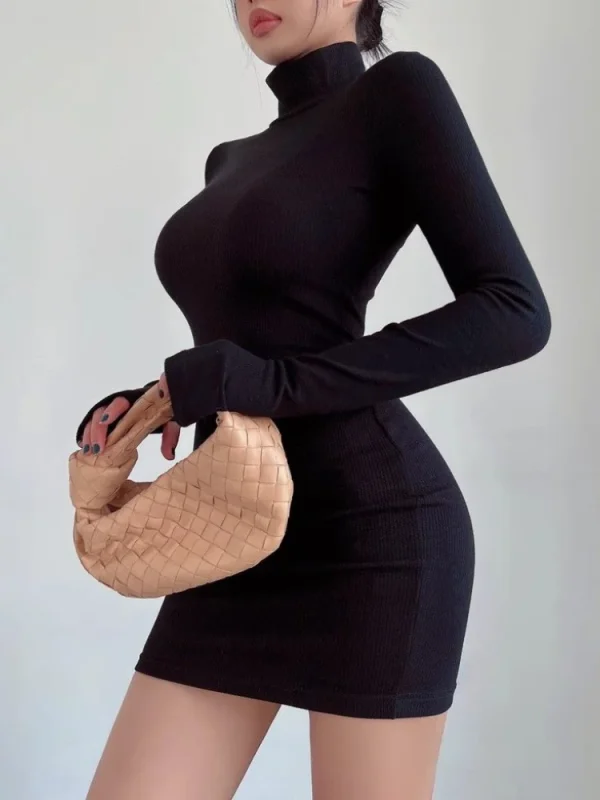 Mini abito rosso mezzo dolcevita donna Y2K manica lunga sexy abito sottile sui fianchi autunno inverno donna streetwear party club abiti neri 4