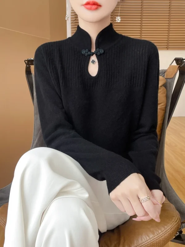Maglione da donna in lana merino Pullover con colletto alla coreana Maglieria con fondo in cashmere stile cinese Top a maniche lunghe retrò 3