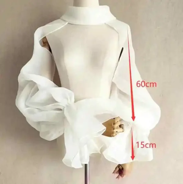 Coprispalle da sposa in organza con maniche a tromba gonfie e collo alto, senza schienale, bolero da sposa, giacca da sposa, coprispalle da festa formale, mantello da donna 4